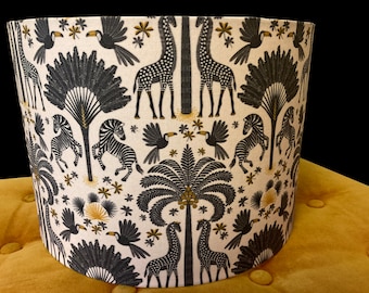 SAMPLE SALE:  8 1/2&quot; tall X 12&quot; wide drum shade, lampshade, lamp shade,  home decor, white, black, zebra palm trees, Toucans, fun