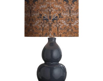 drum shade, lampshade, lamp shade, home decor, William Morris inspired, countryside equestrian, damask rust and peacock blue
