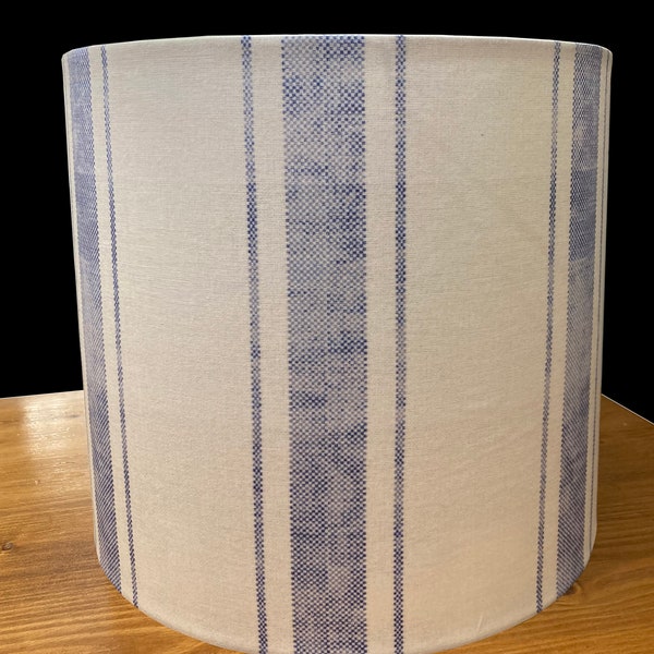 drum shade, lampshade, lamp shade,  home decor, blue white stripe French, cottage, farmhouse, country textured