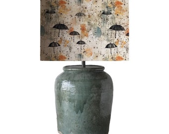 drum shade, lampshade, lamp shade,  home decor, contemporary, beautiful, umbrellas, paint spatter, off white, orange teal pastels