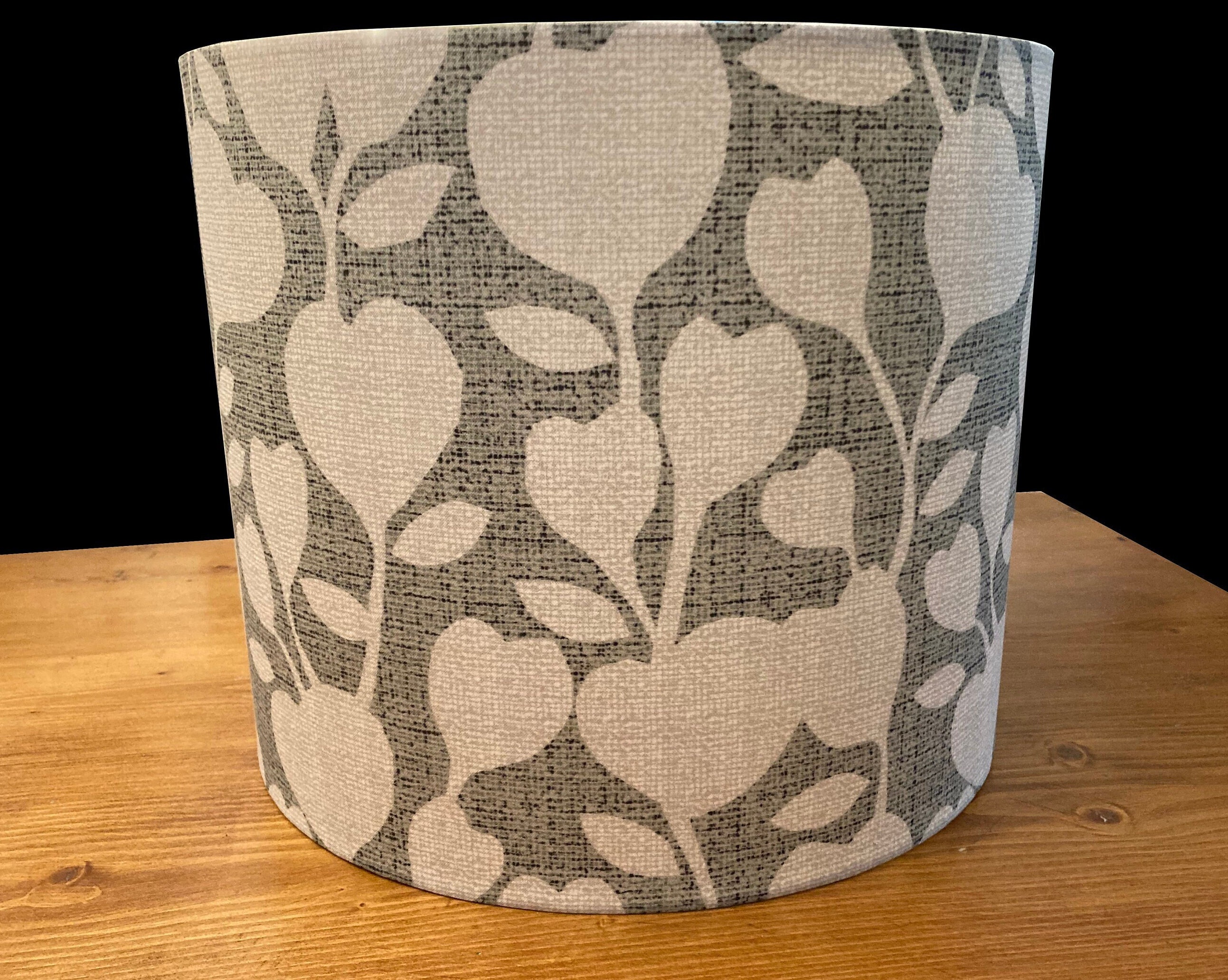 SAMPLE SALE:  10" tall X 12" wide drum shade, lampshade, lamp shade,  home decor, (sage) gray, white heart shaped flowers, contemporary, fun