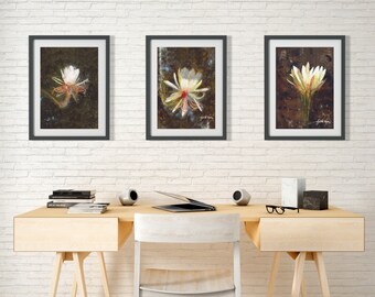 Cactus Flower Acrylic Painting Giclée Set of 3 "Lady of Midnight I, II & III"