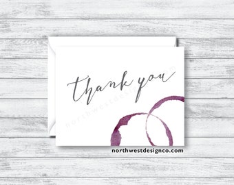 Set of Wine Ring Thank You Cards - Gray and Maroon Script Printed Bridal Shower Thank You Cards - Wedding Thank You