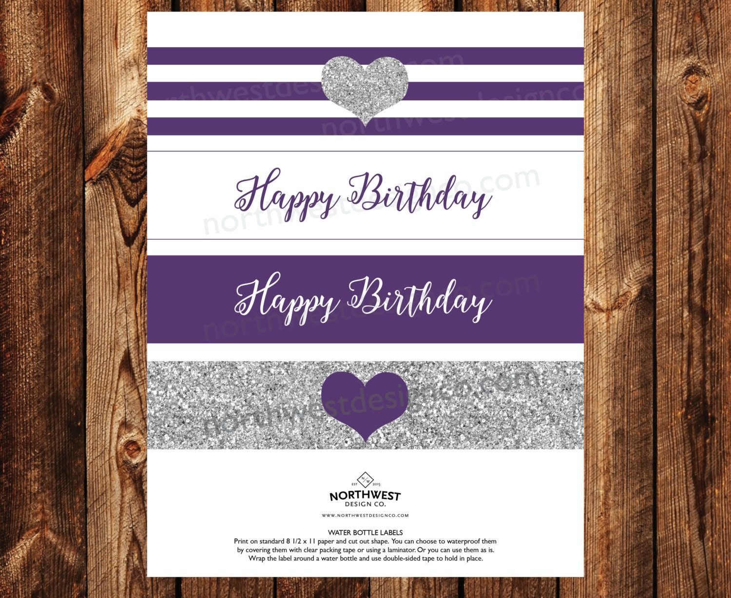 digital purple silver happy birthday printable water bottle etsy