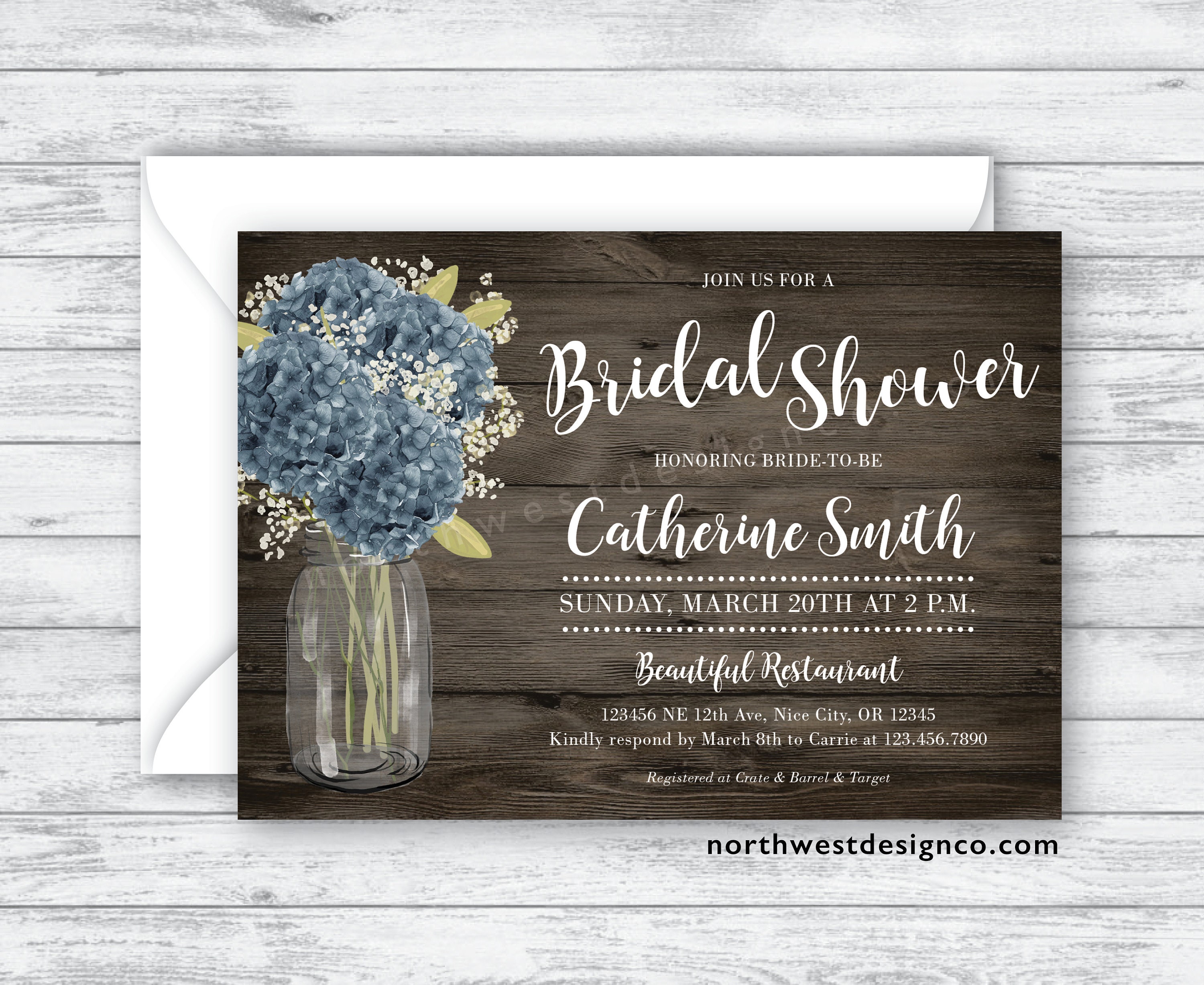 Rustic Steel Blue Hydrangea Bridal Shower Invitation - 5x7 Digital or…