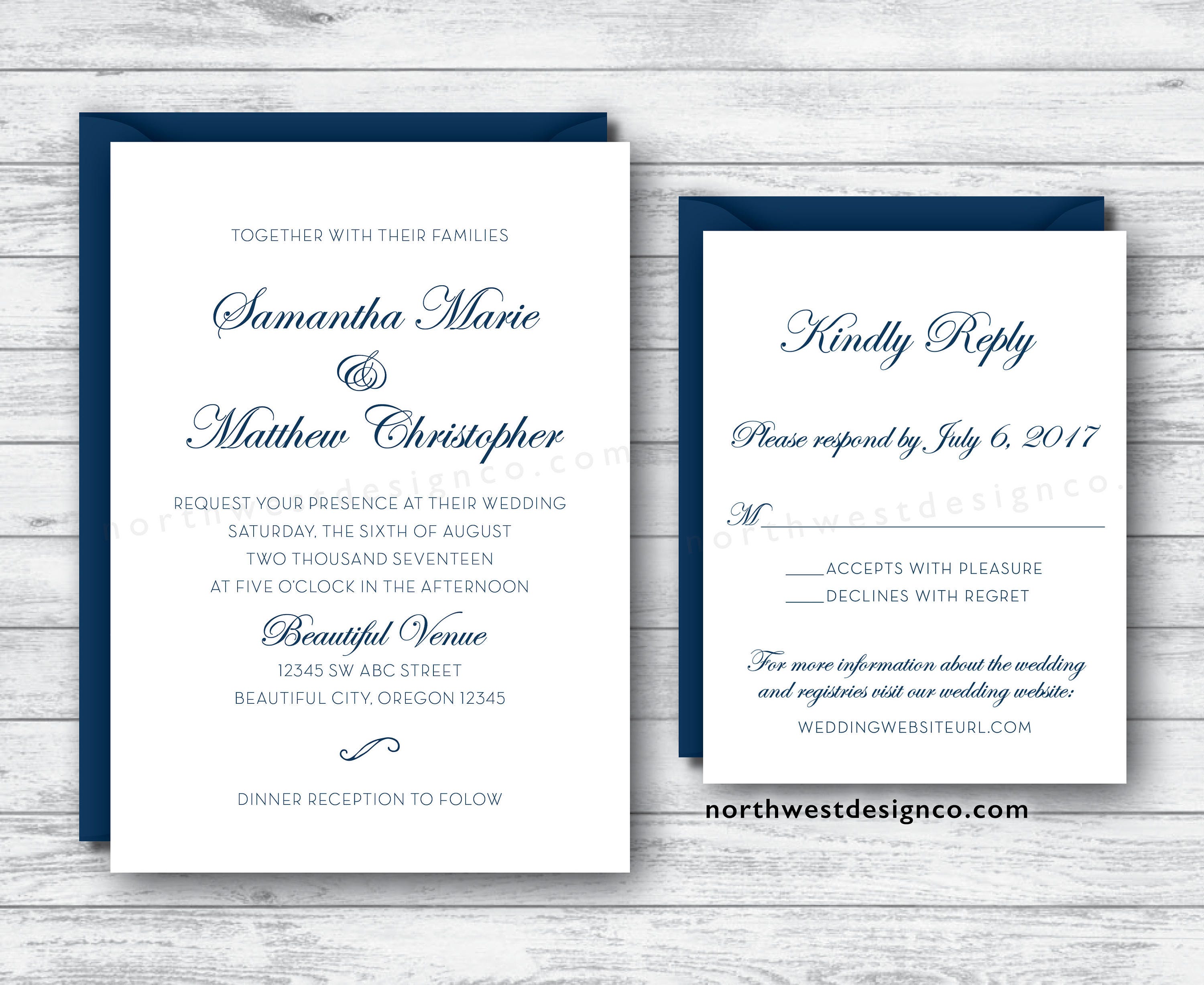 Elegant Script White Navy Blue Wedding Invitation And Reply Etsy
