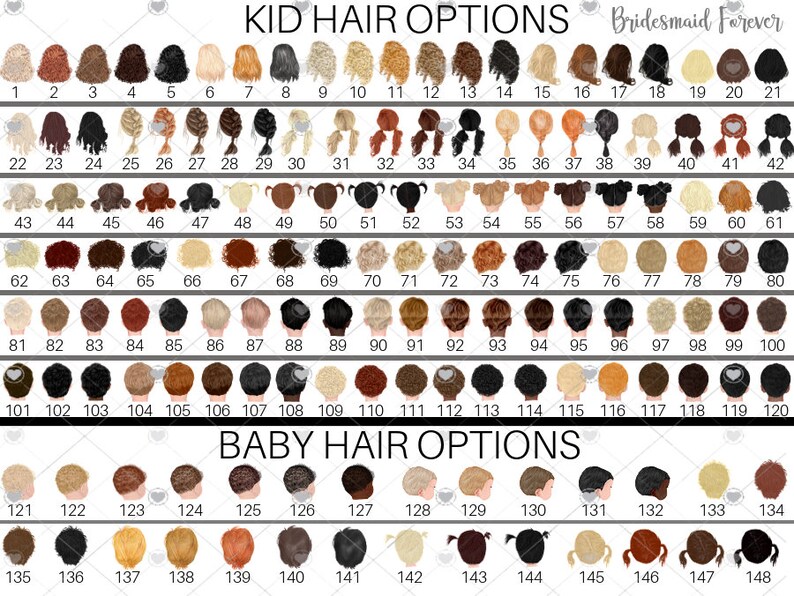 Pu&ograve; includere: Un grafico intitolato "Opzioni capelli bambini" e "Opzioni capelli neonati" con 148 illustrazioni numerate di acconciature. Le illustrazioni mostrano vari colori e stili di capelli, tra cui trecce, chignon e code di cavallo.