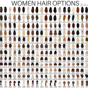 Pu&ograve; includere: Una griglia di 316 piccole illustrazioni che mostrano varie acconciature femminili, numerate da 1 a 316. Gli stili includono diverse lunghezze, colori e trame, con il testo "WOMEN HAIR OPTIONS" in alto.