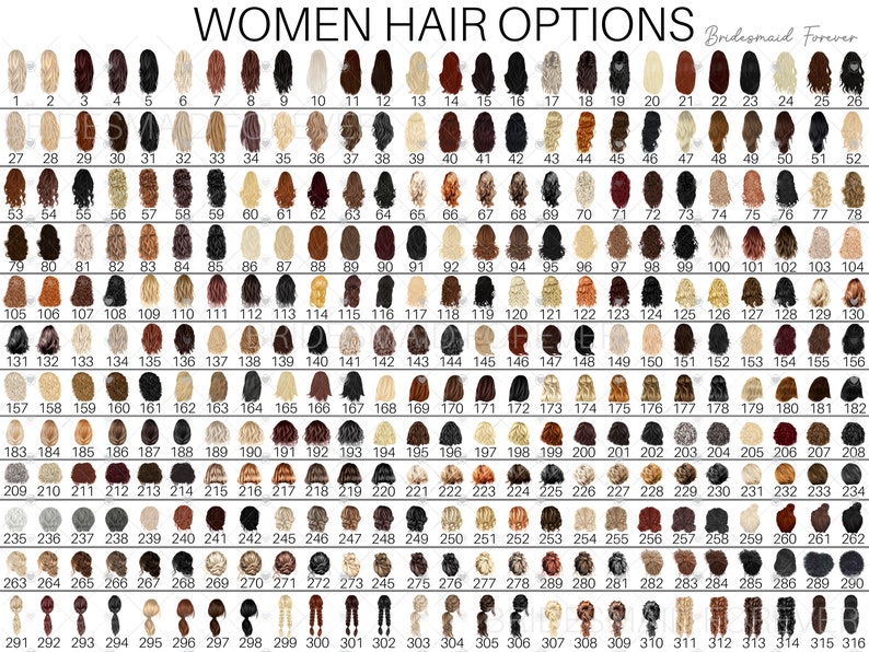 Pu&ograve; includere: Una griglia di 316 piccole illustrazioni che mostrano varie acconciature femminili, numerate da 1 a 316. Gli stili includono diverse lunghezze, colori e trame, con il testo "WOMEN HAIR OPTIONS" in alto.