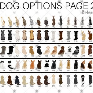 Pu&ograve; includere: Una pagina intitolata "DOG OPTIONS PAGE 2" con illustrazioni di varie razze di cani. L'immagine include una vasta gamma di razze canine, ciascuna numerata, che offre una selezione per la personalizzazione. Le illustrazioni sono in uno stile semplice e pulito.