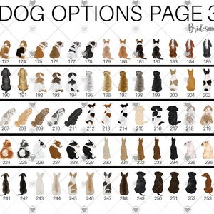 Pu&ograve; includere: Una pagina con illustrazioni di varie razze di cani, numerate da 171 a 255. Il testo "DOG OPTIONS PAGE 3" &egrave; in alto, con "Bridesmaid Forever" sotto. Le illustrazioni sono in uno stile semplice e a cartoni animati.