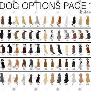 Pu&ograve; includere: Una pagina intitolata "DOG OPTIONS PAGE 1" con illustrazioni di varie razze di cani, ciascuna numerata. Le illustrazioni mostrano una vasta gamma di tipi di cani, da piccoli a grandi, in vari colori e segni. Il testo "Bridesmaid Forever" &egrave; anche presente.