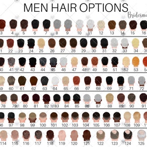 Pu&ograve; includere: Un grafico intitolato "MEN HAIR OPTIONS" con 126 illustrazioni numerate di acconciature maschili. Le illustrazioni mostrano vari colori e stili di capelli, dal biondo al nero, e includono diverse lunghezze e consistenze. Il testo "Bridesmaid Forever" &egrave; nell'angolo in alto a destra.