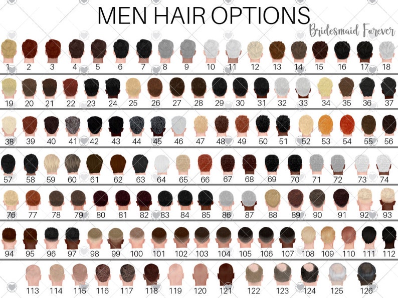 Pu&ograve; includere: Un grafico intitolato "MEN HAIR OPTIONS" con 126 illustrazioni numerate di acconciature maschili. Le illustrazioni mostrano vari colori e stili di capelli, dal biondo al nero, e includono diverse lunghezze e consistenze. Il testo "Bridesmaid Forever" &egrave; nell'angolo in alto a destra.