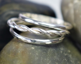 Vine Stacking Ring Set - Silver - Rope Ring - Thin Band