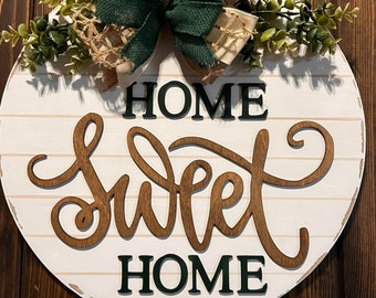 Home Sweet Home front door wooden round sign, farmhouse door decor, newlywed housewarming gift, year round door hanger