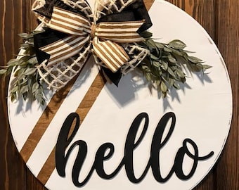 Hello front door wooden round sign, farmhouse door decor, newlywed housewarming gift, year round door hanger