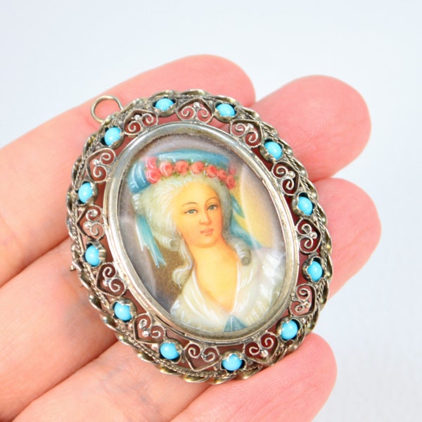 Colgante Broche Filigrana Plata 800 y turquesas con Retrato Dama Vintage