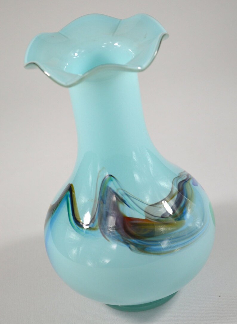 Chinese Snowflakes Vase by Dalian Glass Co Ltd Light Blue Handcrafted