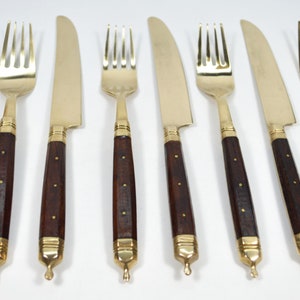 Set of 12 Bronze and Rosewood Cutlery, 6-Person Cutlery, 12 Pieces, Brass and Wood, Original Vintage 60s