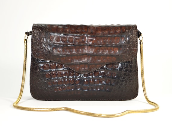 Cartera de piel exótica . Cartera de fiesta marrón . Clutch de noche . Original Vintage