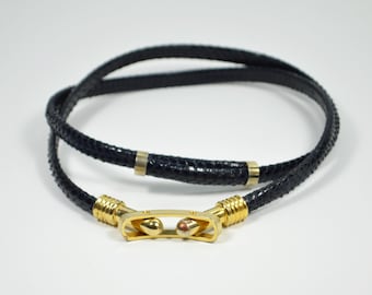 Elegant Slim Blue Adjustable Exotic Leather Belt with Gold Buckle Vintage 70s 80s