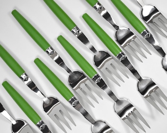 Dessert Fork with green handle BSF 18/10 | Cake cutlery with hard plastic | Small forks | Original Vintage
