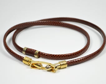 Stylish Exotic Leather Belt Adjustable Brown Slim with Gold Buckle Vintage 70s 80s