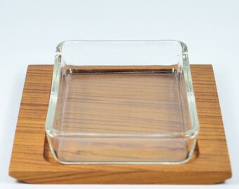 Vintage Mid Century Teak Wood and Clear Glass Serving Bowl or Tray