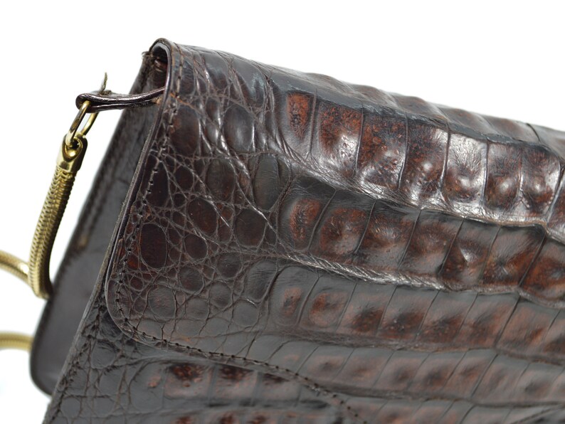 May include: A brown crocodile leather handbag with a gold chain strap.