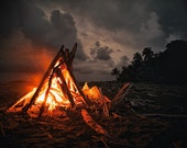 Campfire Beach Print,Bonfire Photo,Camping Decor,Beach Camping,Beach Fire,Beach Photography,Beach Wall Decor,Large Metal Prints,Orange Black