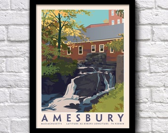 Amesbury, MA,Pow Wow River Falls, Hometown, Nautical coordinates, Genuine Giclee Poster on Archival Matt Paper by Leslie Alfred McGrath