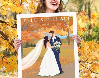 Personalized Autumn Wedding Poster, Outdoor Wedding portrait , custom bride and groom, wedding gift, Anniversary Gift, guest book alternate