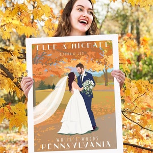 Póster personalizado de boda de otoño, retrato de boda al aire libre, novios personalizados, regalo de boda, regalo de aniversario, libro de visitas alternativo