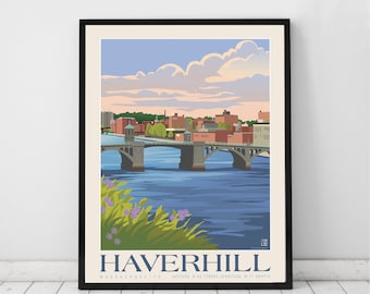 Haverhill, MA,Basiliere Bridge, Hometown, Nautical coordinates, Genuine Giclee Poster on Archival Matt Paper by Leslie Alfred McGrath