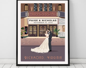 Personalized bride and groom marquis wedding gift, Theater Venue, custom wedding poster, Vintage Bridal gift, Anniversary Gift