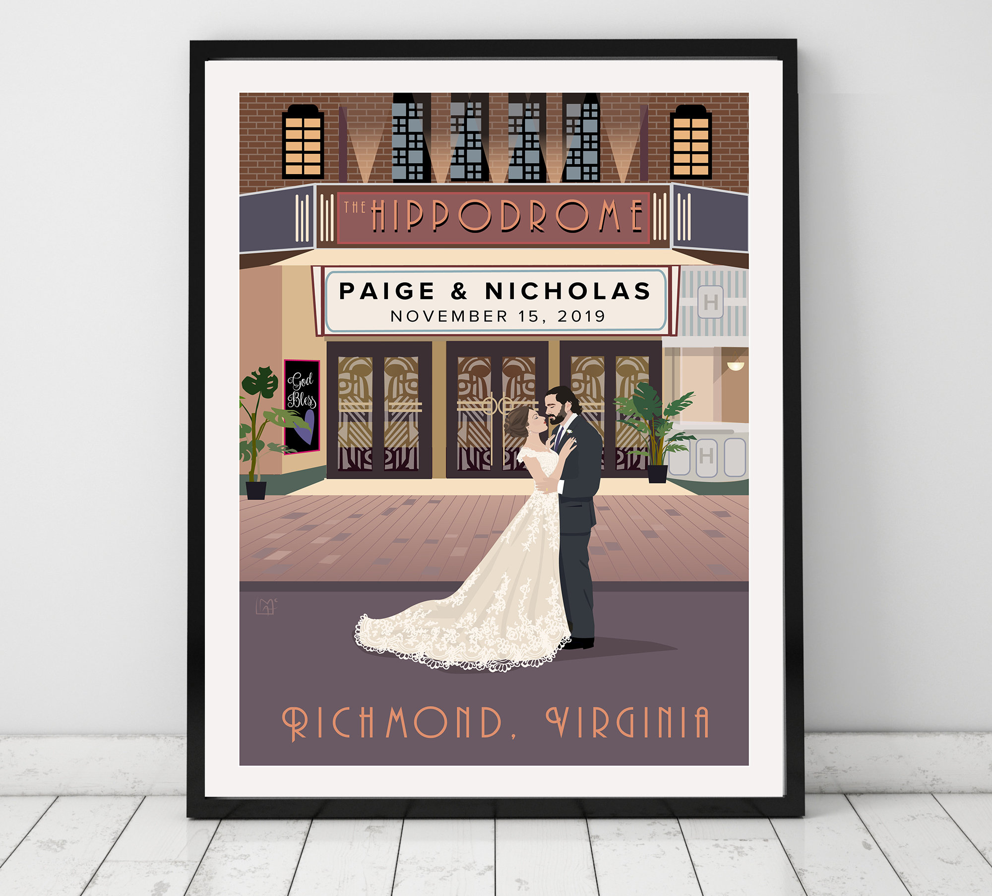 Personalized bride and groom marquis wedding gift, Theater Venue, custom wedding poster, Vintage Bridal gift, Anniversary Gift
