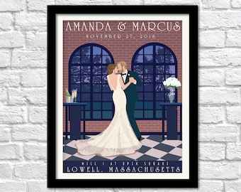 customized wedding gift, Personalized bride and groom, Brick and Windows Venue, custom wedding poster, Vintage Bridal gift, Anniversary Gift