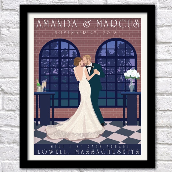 customized wedding gift, Personalized bride and groom, Brick and Windows Venue, custom wedding poster, Vintage Bridal gift, Anniversary Gift