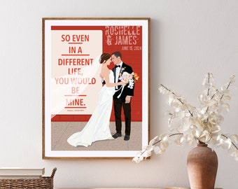 Love quote or dance lyrics behind couple portrait, wedding poster wedding sign,  Bridal gift, Anniversary Gift, guest book sign