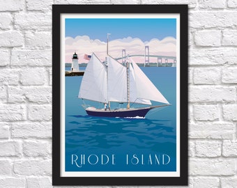 Rhode Island, or Newport, Newport Bridge, Goat Island lighthouse, Genuine Giclee Poster on Archival Matt Paper by Leslie Alfred McGrath