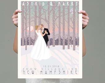 Winter wedding personalized, customized snow wedding venue, solstice, caricature dancing bride and groom