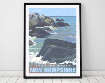 Hampton Beach, Massachusetts, Behind the Wall Hampton, beach,  Genuine Giclee Poster on Archival Matt Paper by Leslie Alfred McGrath