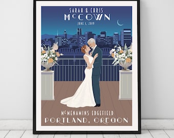 Personalized City Wedding Poster, wedding gift, Guest Book Alternative, Bride and Groom portrait, couple cartoon, Anniversary Gift