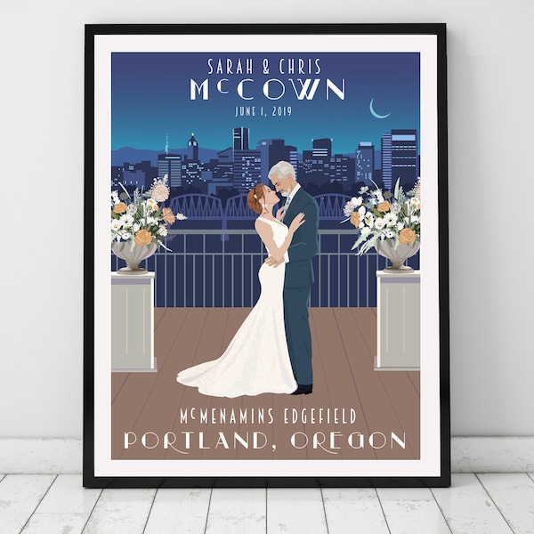 Personalized City Wedding Poster, wedding gift, Guest Book Alternative, Bride and Groom portrait, couple cartoon, Anniversary Gift