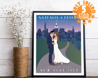 Personalized City Park Wedding,  Custom Art Poster, caricatured Bride and Groom, wedding gift, Anniversary Gift, Guest Book Alternative