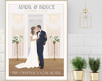 Personalized wedding poster, Interior Venue, white curtain or wall, couple portrait, Vintage poster theme,  Bridal gift, Anniversary Gift