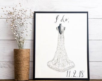 Wedding Dress art, wedding gift, bridal gift, watercolor hand painted from photo,  shower gift, keepsake original art