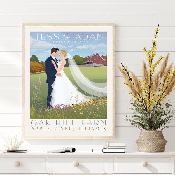 Personalized Farm Wedding Poster, Rustic Wedding, wedding portrait, wedding cartoon, wedding gift, Anniversary Gift