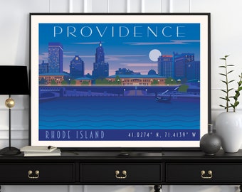 Providence Rhode Island Skyline Art Print: Nautical Coordinates Giclee Poster